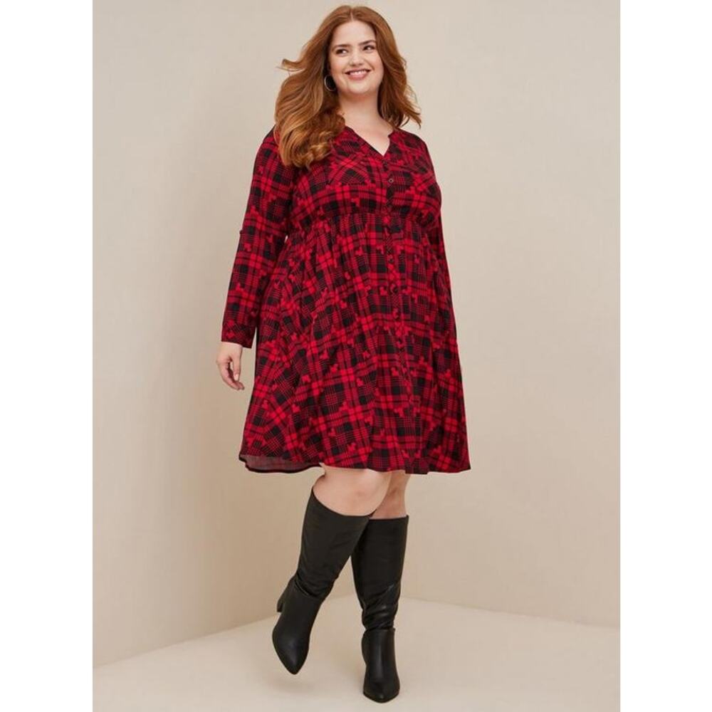 [Torrid] Disney Red Black Mickey Mouse Tartan Plaid Button Front Shirt Dress 5X